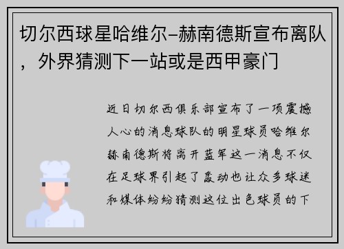 切尔西球星哈维尔-赫南德斯宣布离队，外界猜测下一站或是西甲豪门